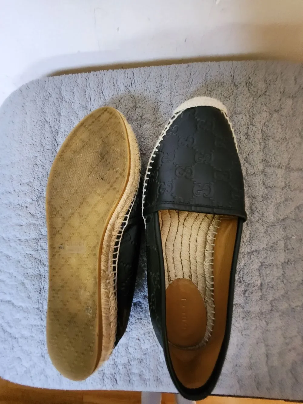 Gicci Leather Embroidered Monogram Black Espadrille Flats